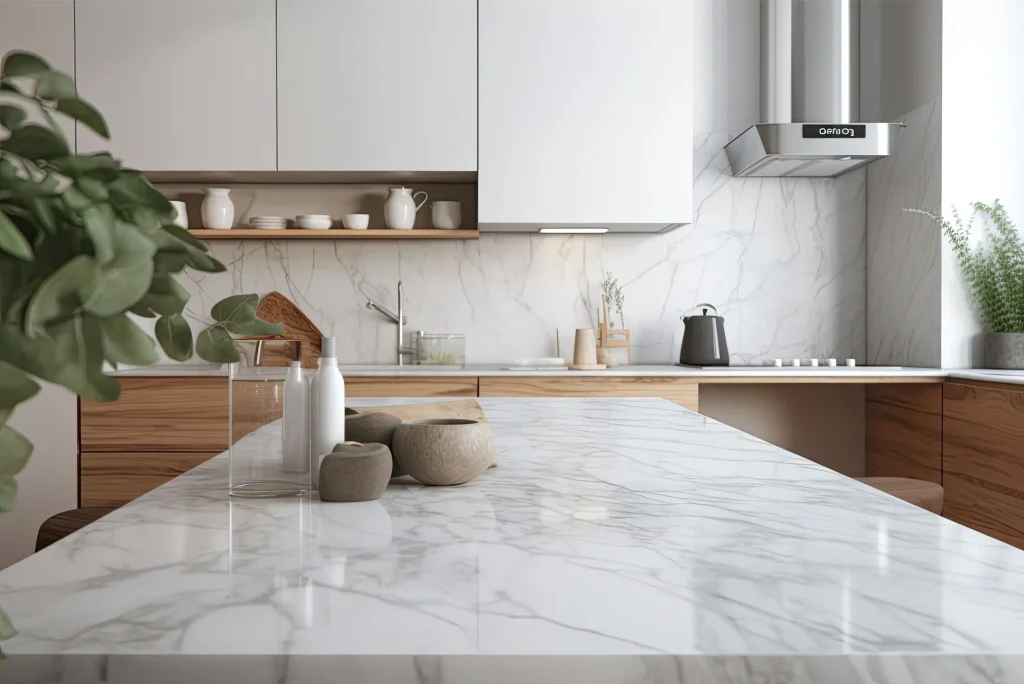 Close up of a marble table top in a white modern kitchen with built in cabinets and a counter.