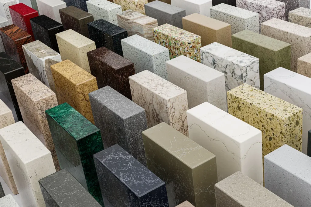 Color samples for kitchen granite countertops, remodeling material selection.