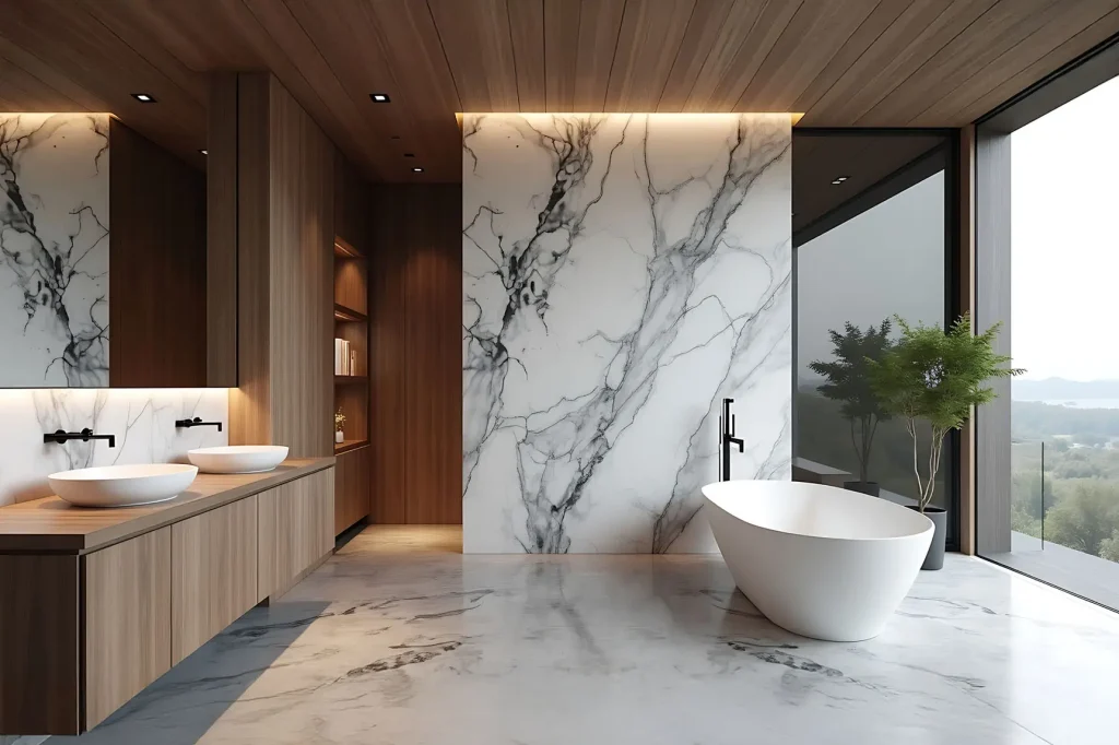 Luxurious modern bathroom with freestanding tub and marble accent wall with large window view.