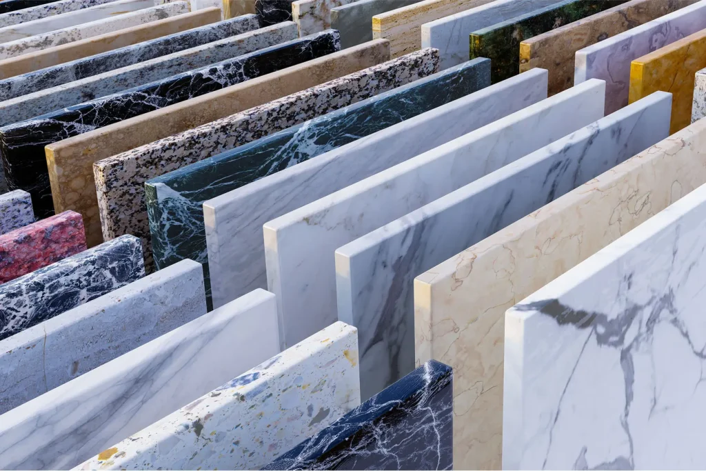 Modern kitchen backsplash of white marble slabs, floor tile, and granite color sample.