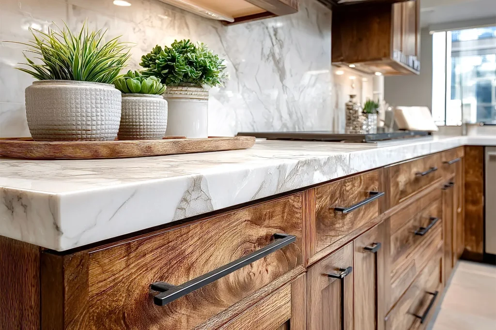Modern kitchen featuring white marble countertops and wooden cabinets.