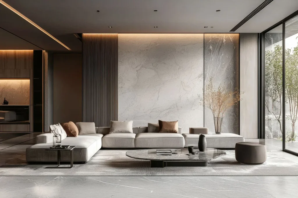 Modern living room with minimalist design, featuring large sectional sofa, marble wall, and elegant decor.