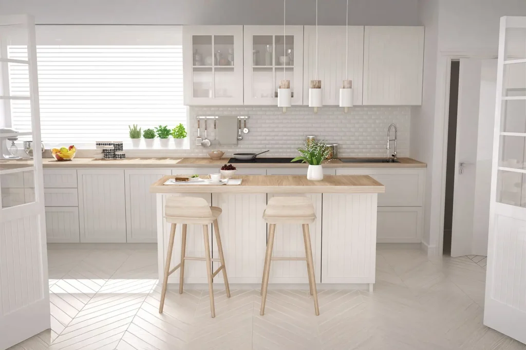 Scandinavian classic kitchen with wooden and white details, minimalistic interior design.