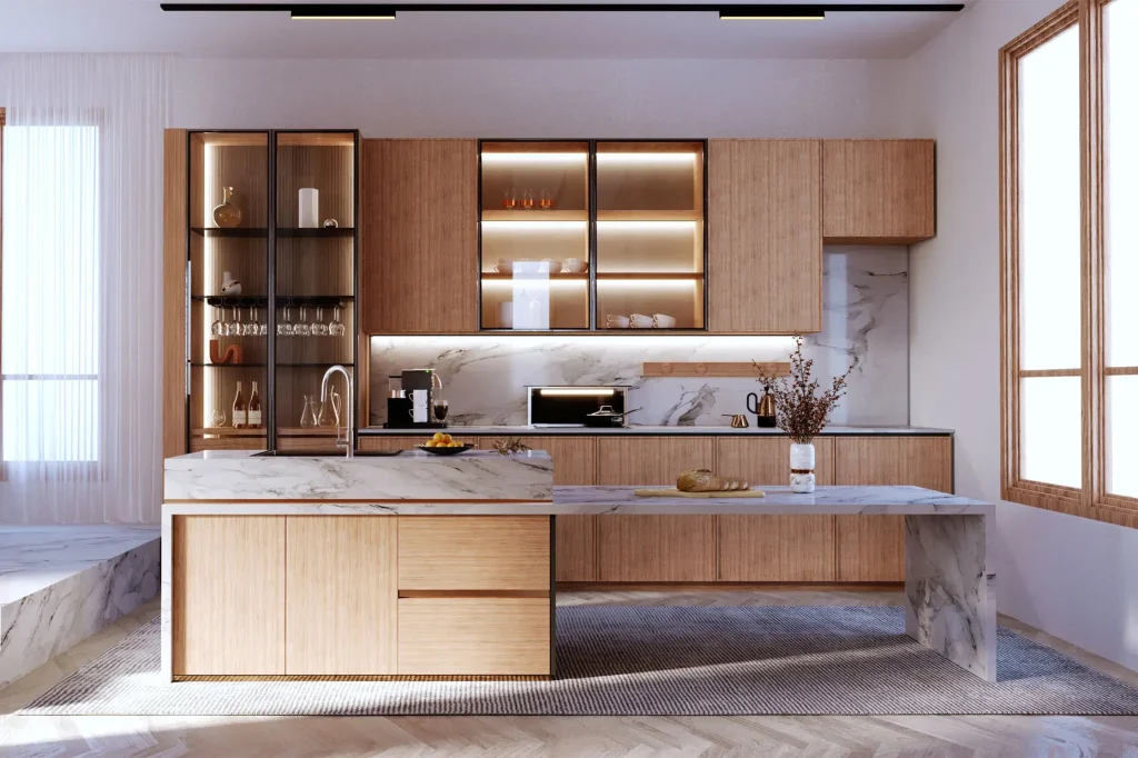 A front view of a kitchen counter and island, wood grain material and white marble.