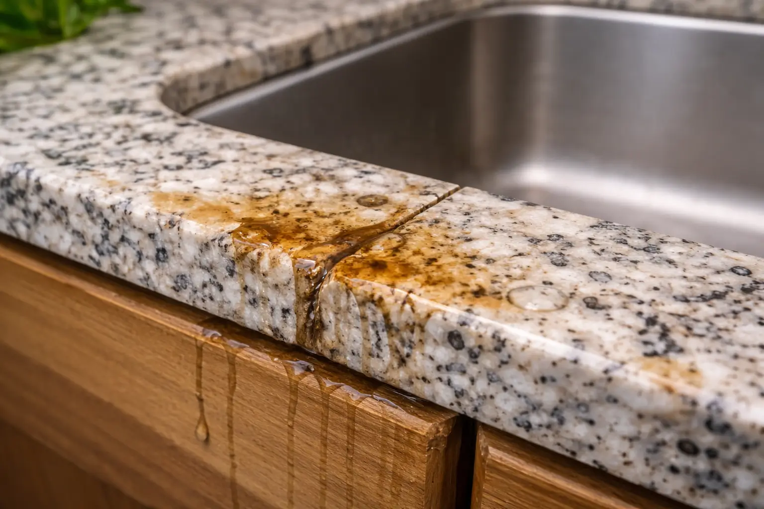 Countertop installation failure with water damage near the sink seam and cabinetry.