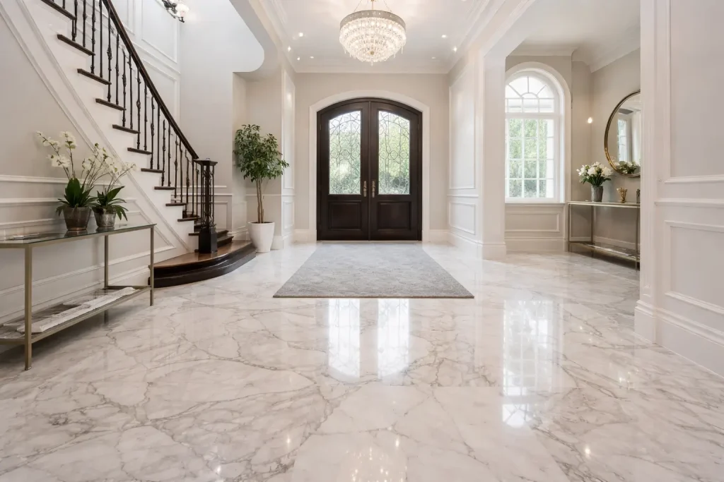 Marble flooring in a residential dining room with an elegant table setting.