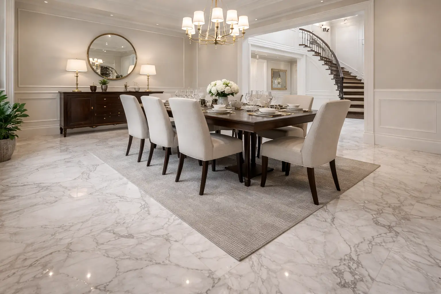 Marble flooring in a residential dining room with an elegant table setting.