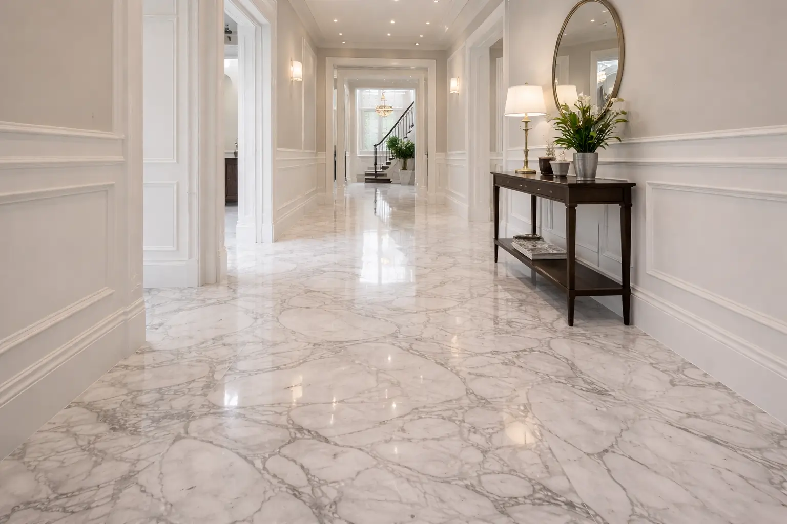Marble flooring in a residential hallway with polished stone finish.
