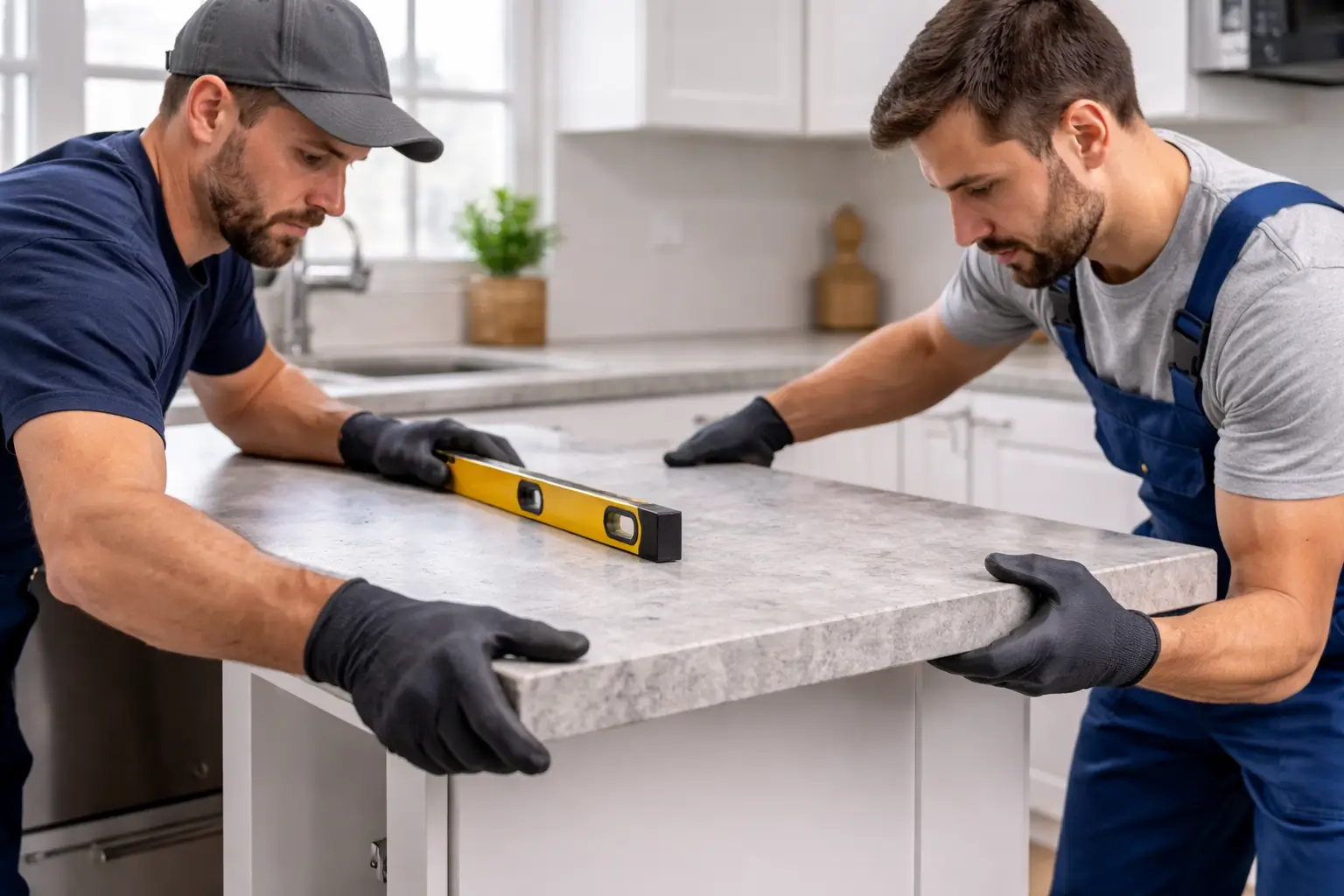 Professional countertop installation process showing precise leveling and secure placement.