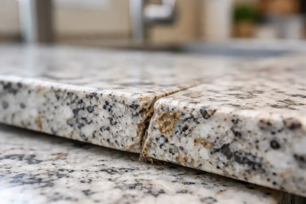 Uneven countertop installation seam showing visible gaps and misalignment between stone slabs.
