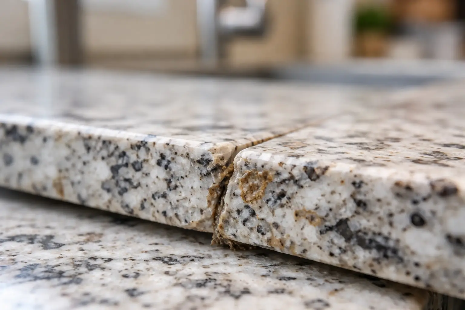 Uneven countertop installation seam showing visible gaps and misalignment between stone slabs.