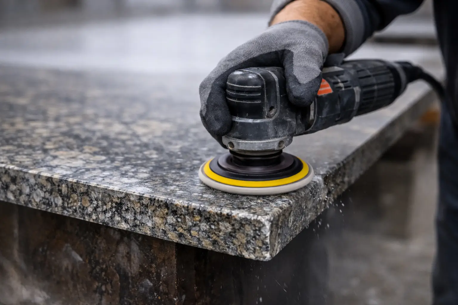 Granite fabrication edge profiling and polishing detail.