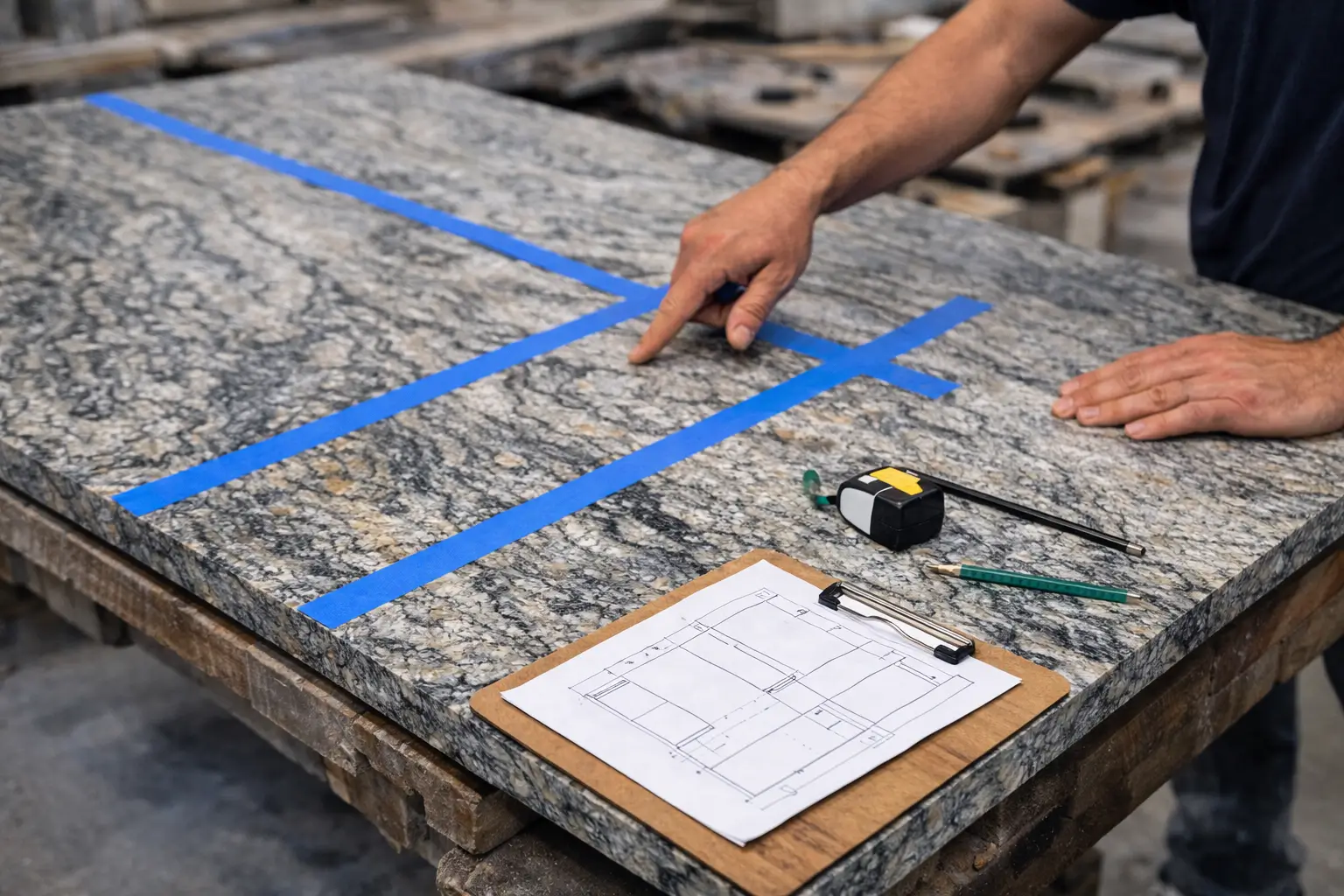 Granite fabrication layout planning to align stone veining.