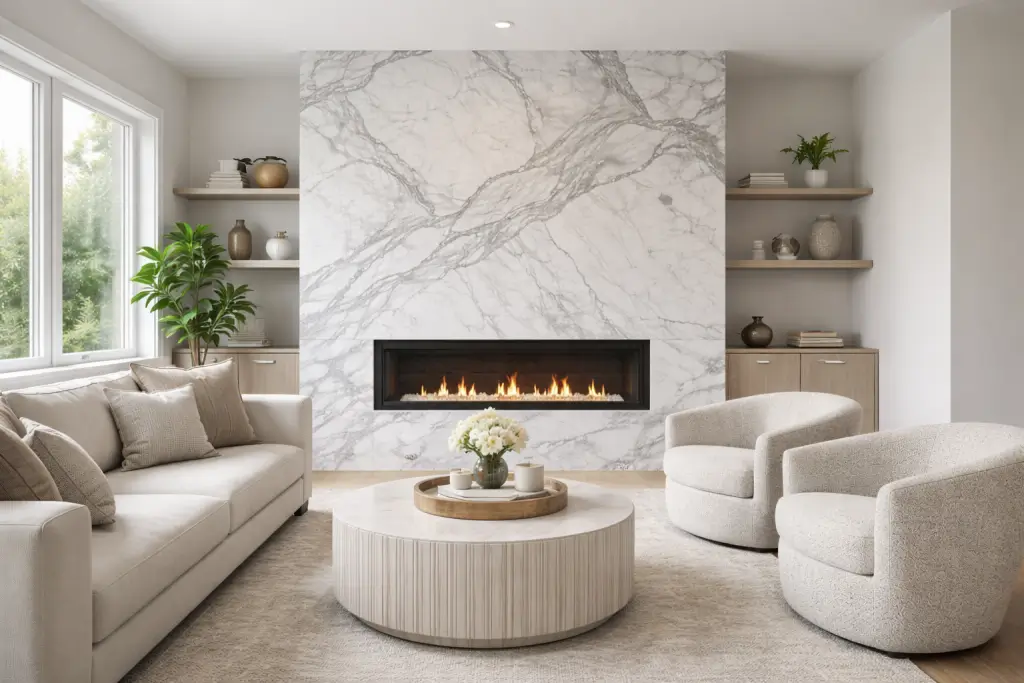 Marble services featured on a marble fireplace surround and accent wall in a modern living room.