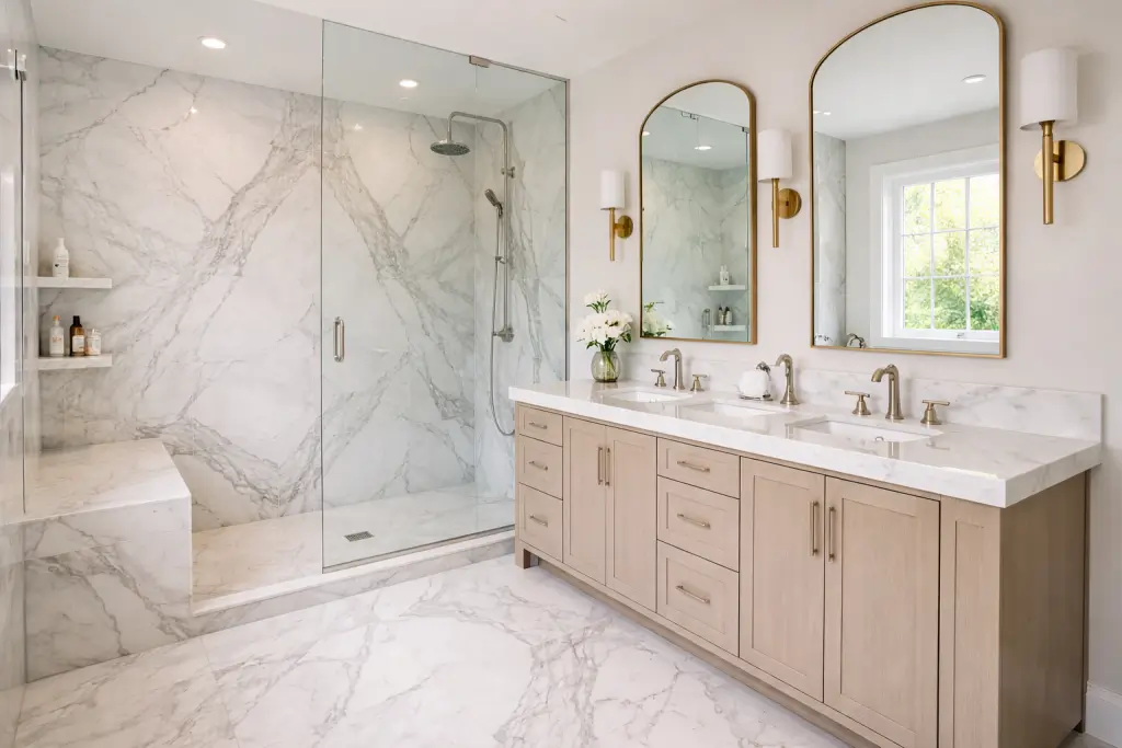 Bathroom completed with marble services featuring marble shower walls, vanity top, and marble flooring.
