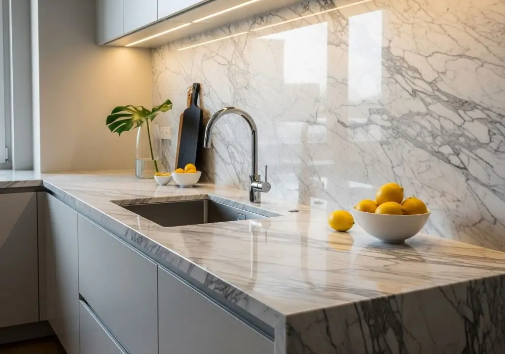 Kitchen design completed with marble services showing a marble countertop, integrated sink, and matching backsplash.