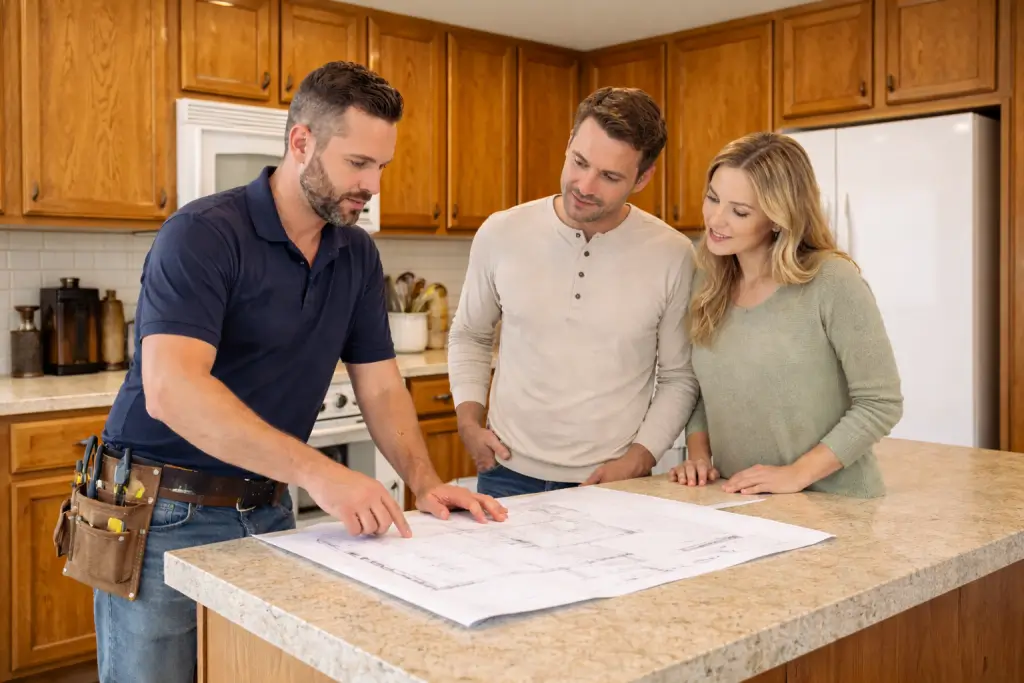 Contractor discussing kitchen remodeling plans with homeowners.