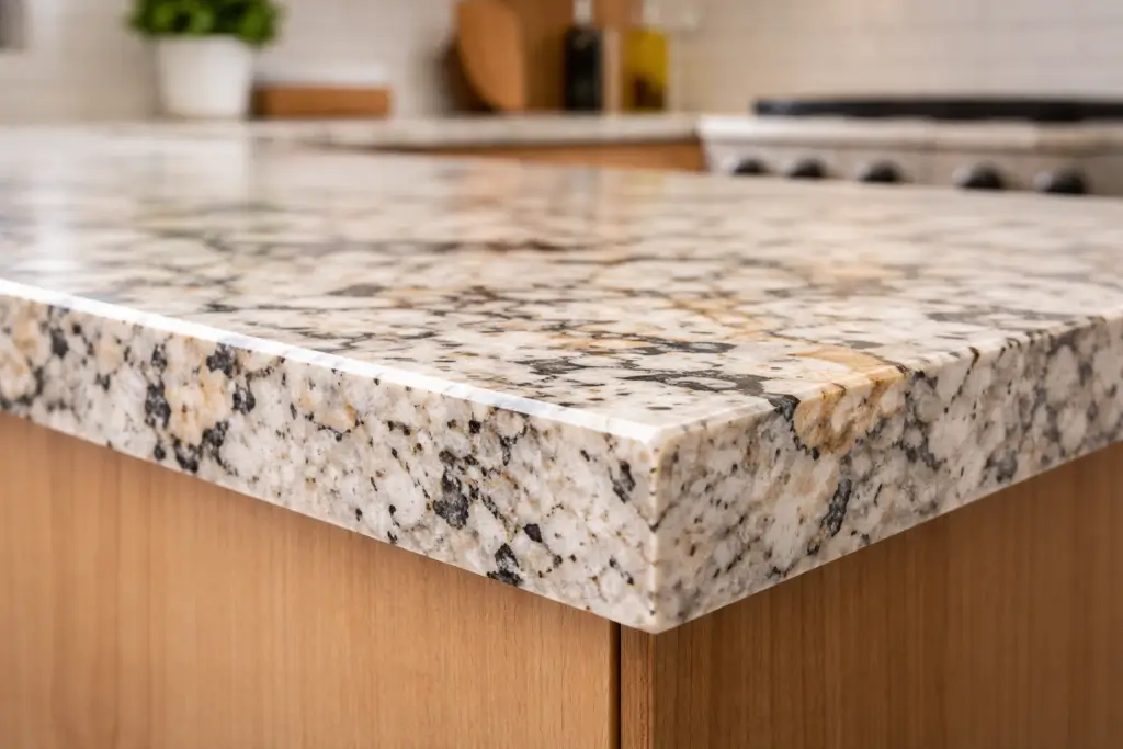 Kitchen chisel edge detail on granite countertop close up.