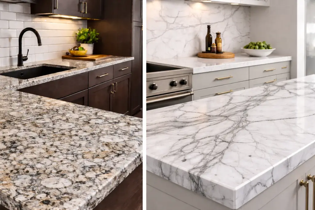 Granite countertops compared with marble surfaces, showing durability and appearance contrast.