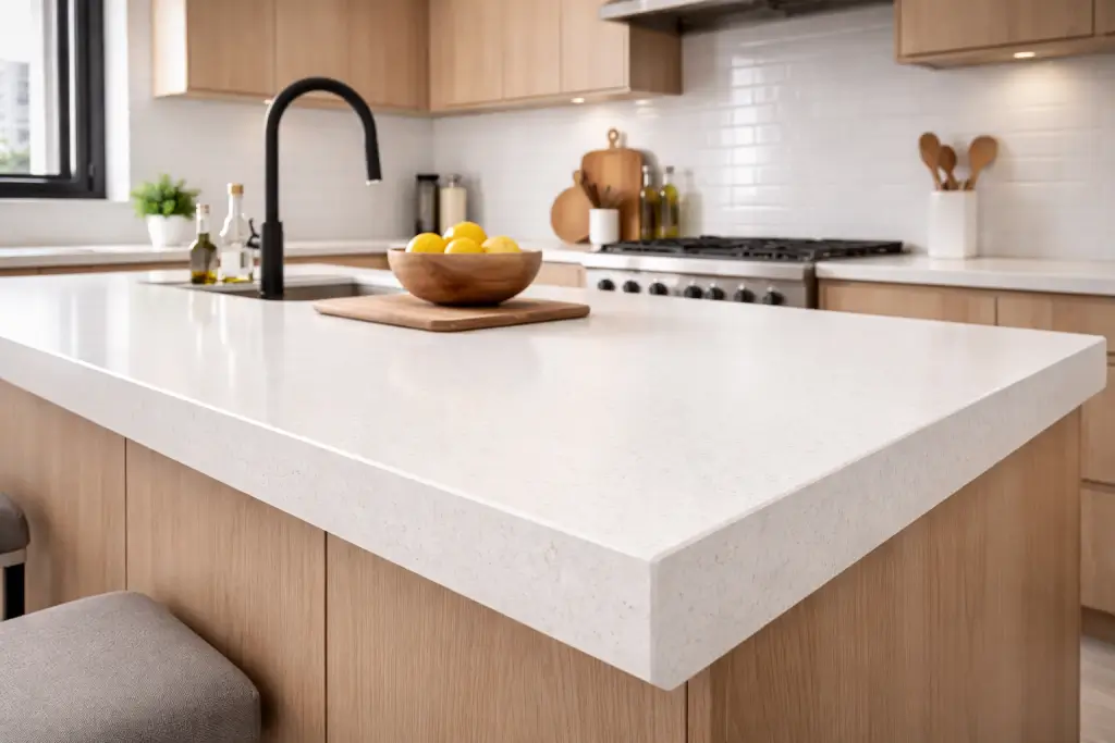 Kitchen chisel edge on quartz countertop in modern kitchen.