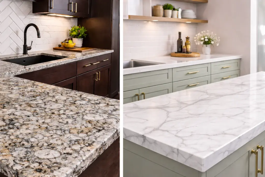Granite countertops compared with quartz surfaces in modern kitchen design.