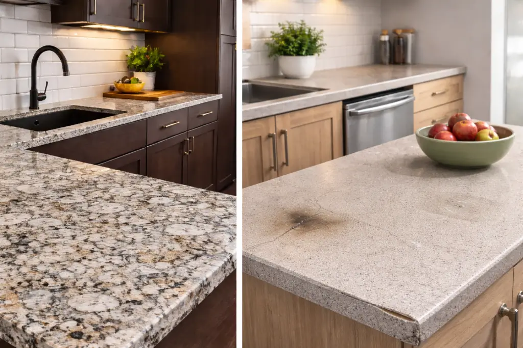 Alt Text: Granite countertops compared to laminate surfaces, showing texture and durability differences.